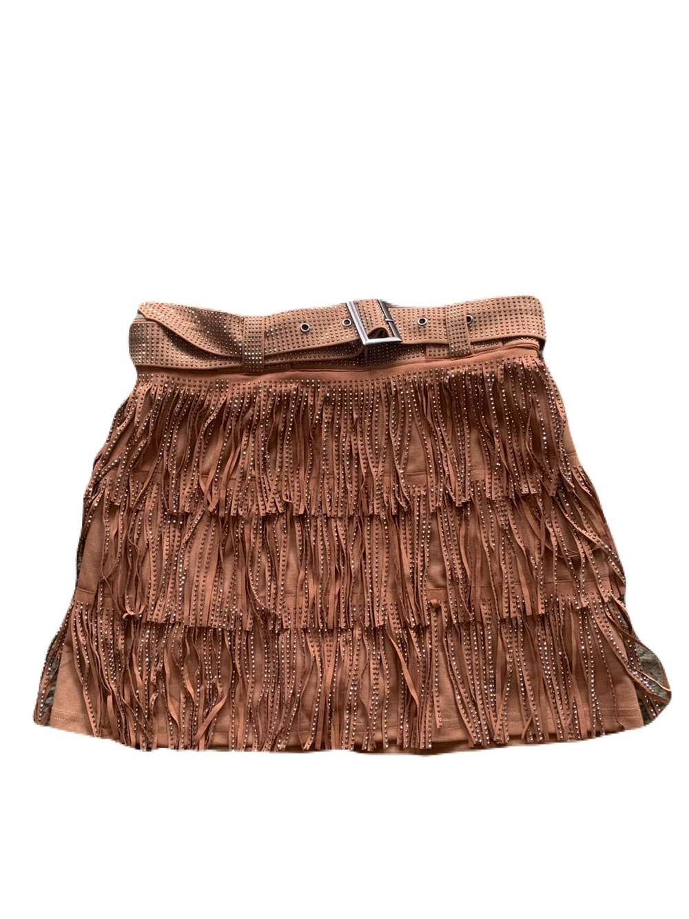 NWT Blushing Brunette Medium Brown Embellished Belted Fringe Mini Skirt Western